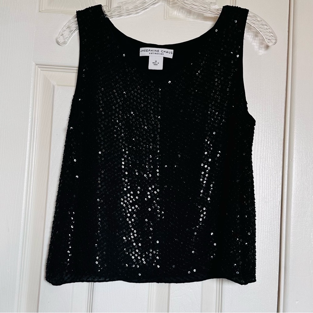 Adorable & Sparkly Josephine Chaus Lined Black Sequin and Bead Silk Tank Top
